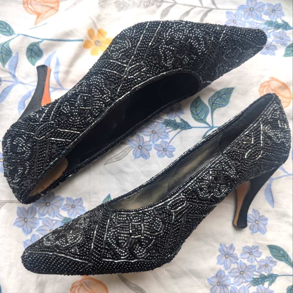Vtg Beaded Black Heels 36 6.5 Point Toe